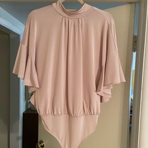 Express Mock Neck Flutter Sleeve Thong Bodysuit